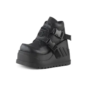 Black Buckle Wedges Motorcycle Ankle Boots