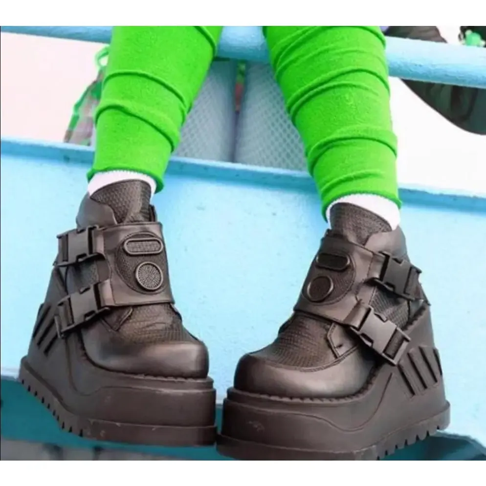 Black Buckle Wedges Motorcycle Ankle Boots