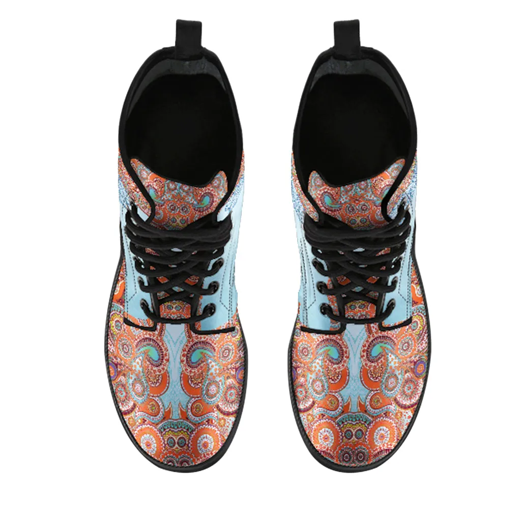 Blue Paisley Mandala Handcrafted Women's Vegan Leather Combat Boots