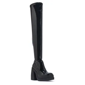 BUD3 PATENT OVER THE KNEE PLATFORM HEEL BOOTS