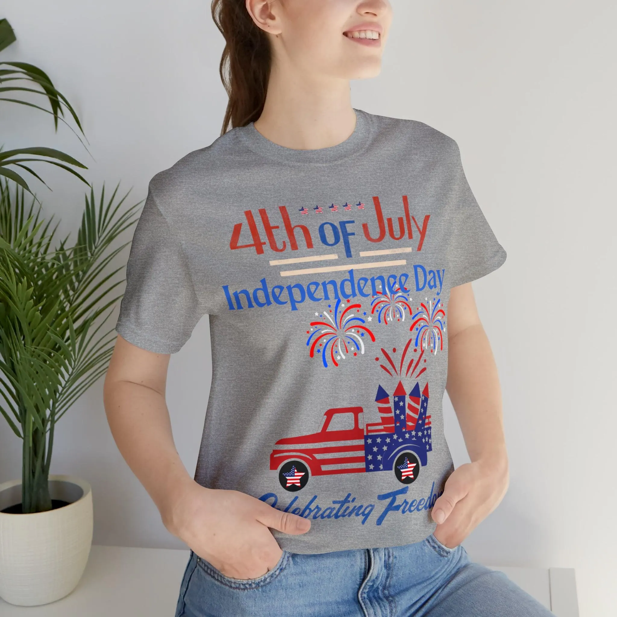 Celebrate Independence with our Patriotic Freedom Shirt! Men and Women's 4th of July Shirt featuring USA Flag, Fireworks, and Joyful Spirit!"