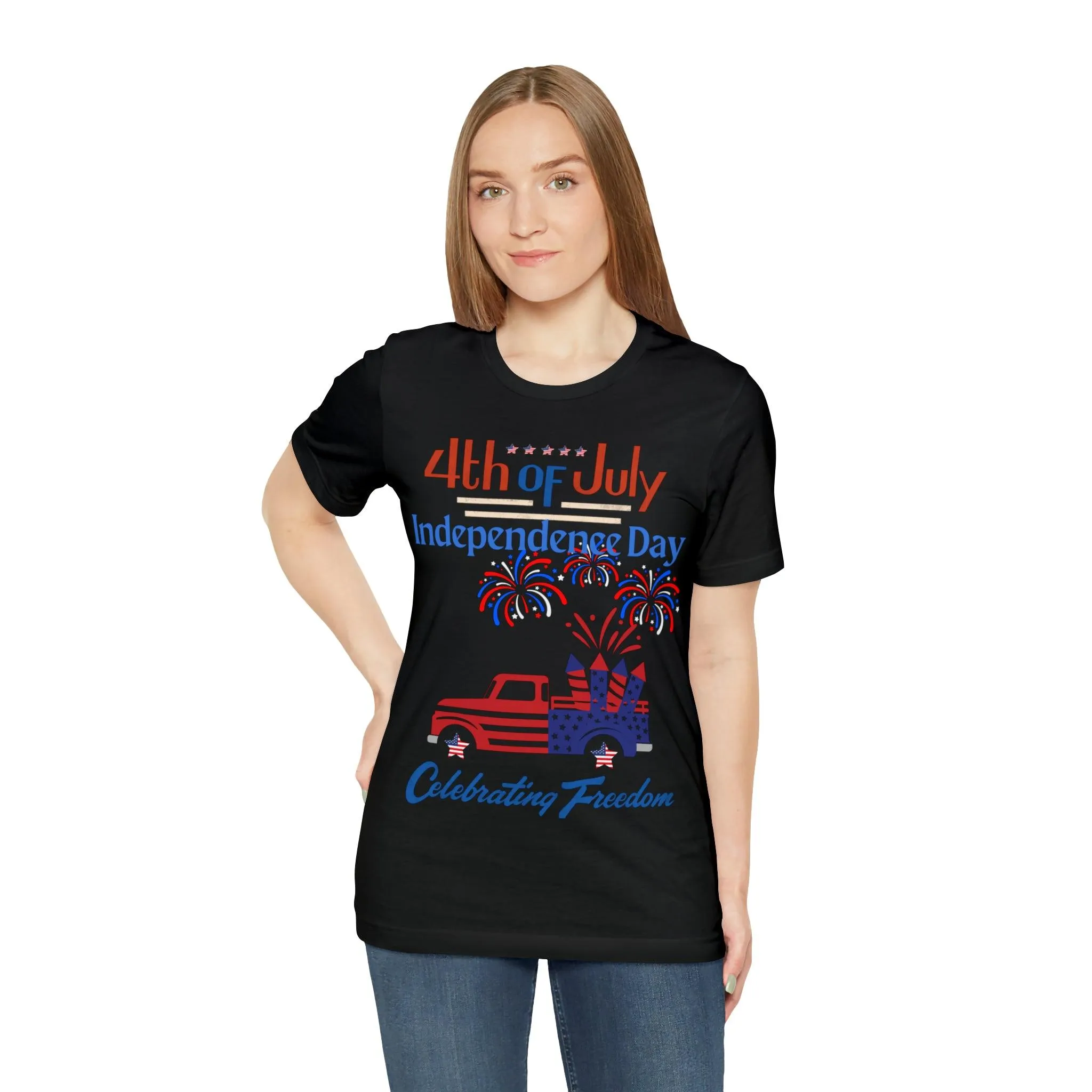 Celebrate Independence with our Patriotic Freedom Shirt! Men and Women's 4th of July Shirt featuring USA Flag, Fireworks, and Joyful Spirit!"