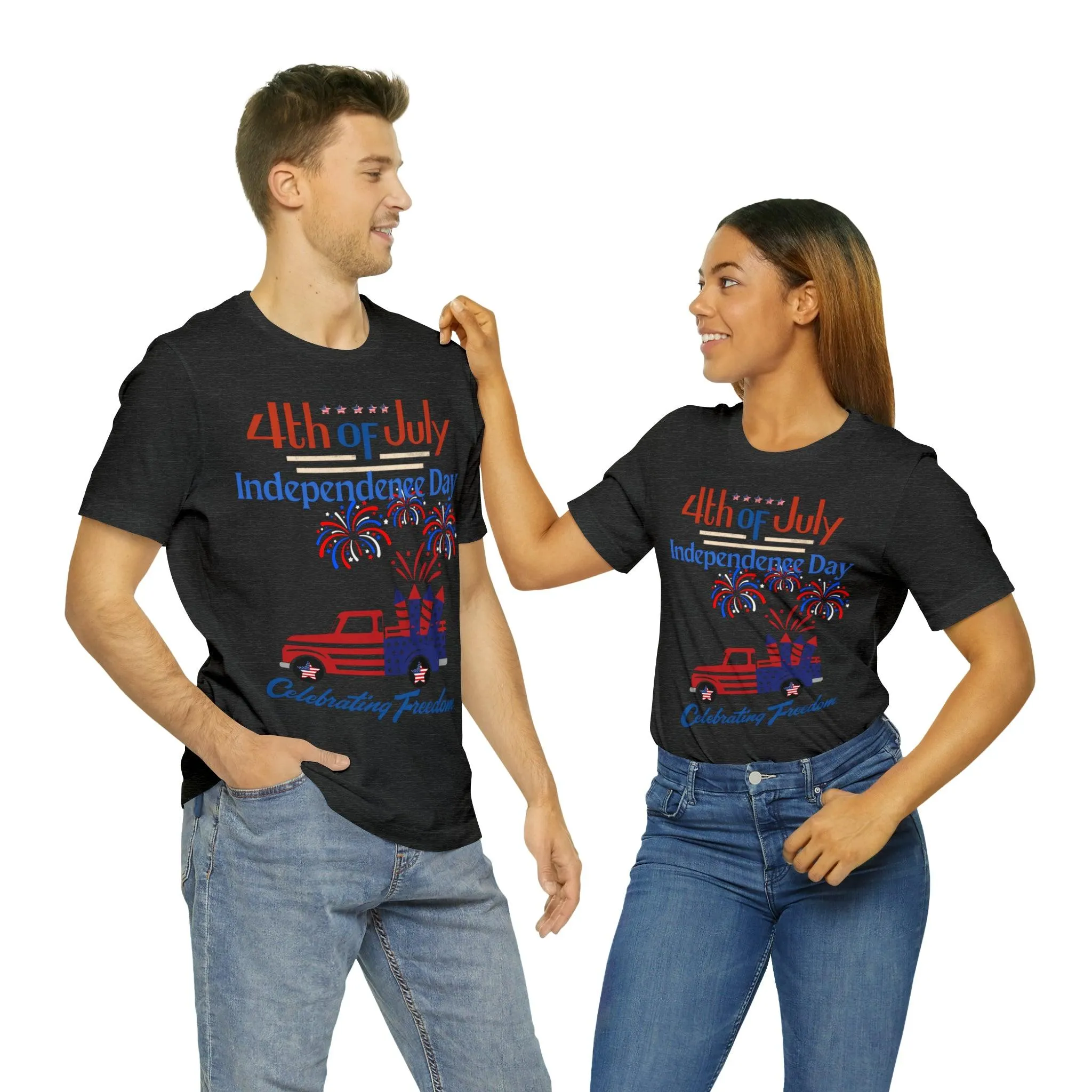 Celebrate Independence with our Patriotic Freedom Shirt! Men and Women's 4th of July Shirt featuring USA Flag, Fireworks, and Joyful Spirit!"