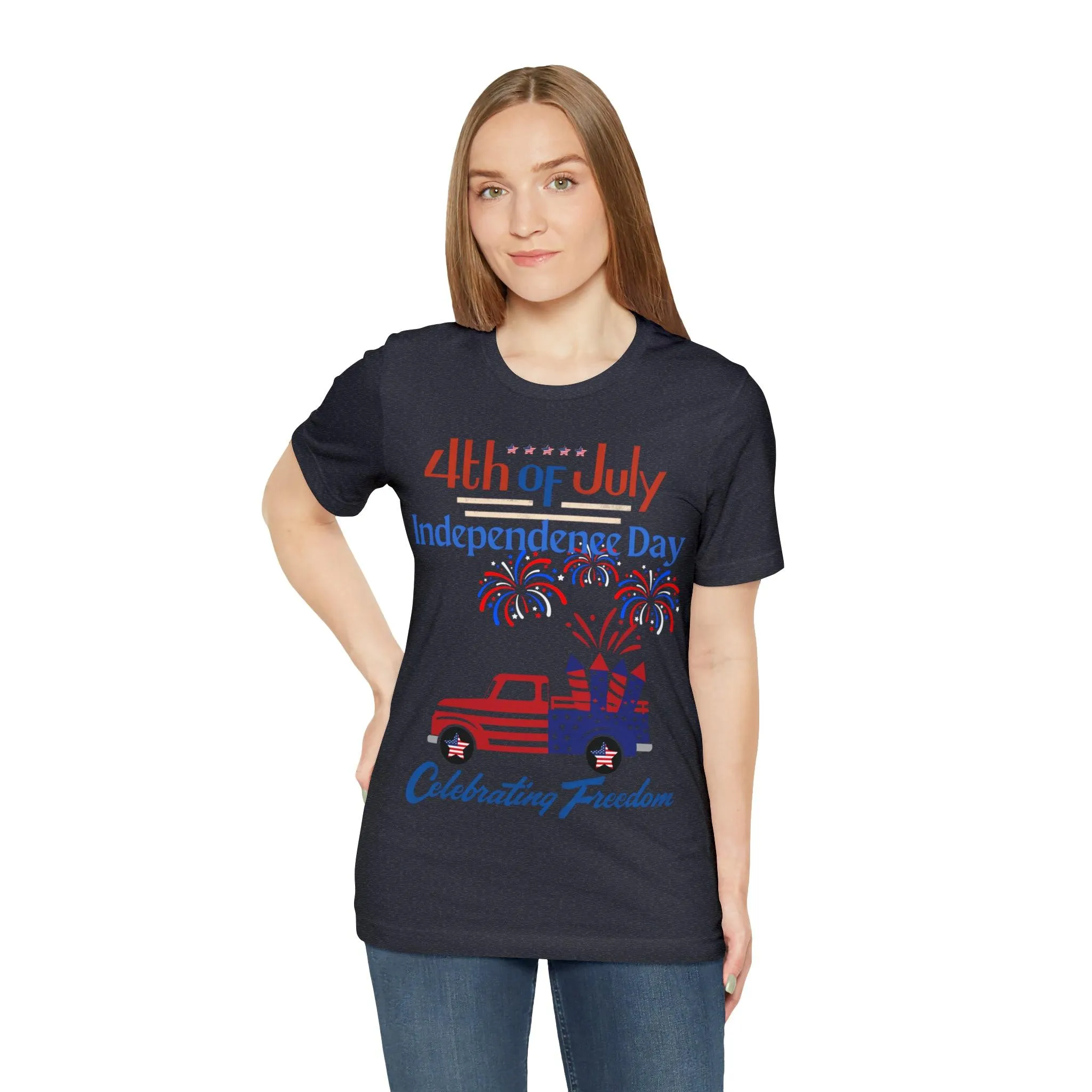 Celebrate Independence with our Patriotic Freedom Shirt! Men and Women's 4th of July Shirt featuring USA Flag, Fireworks, and Joyful Spirit!"