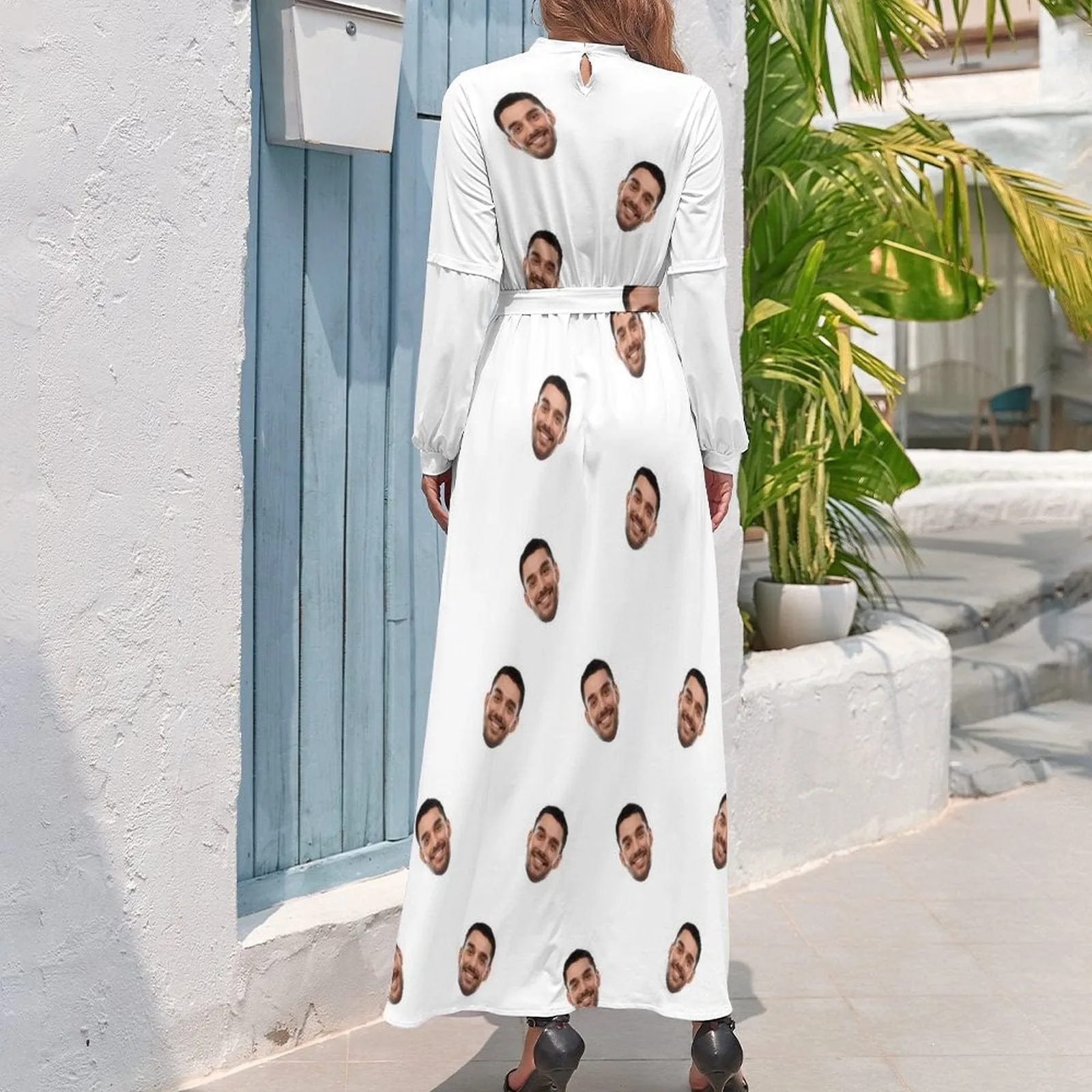 Custom Face White Background Women's Long Sleeve Maxi Dress