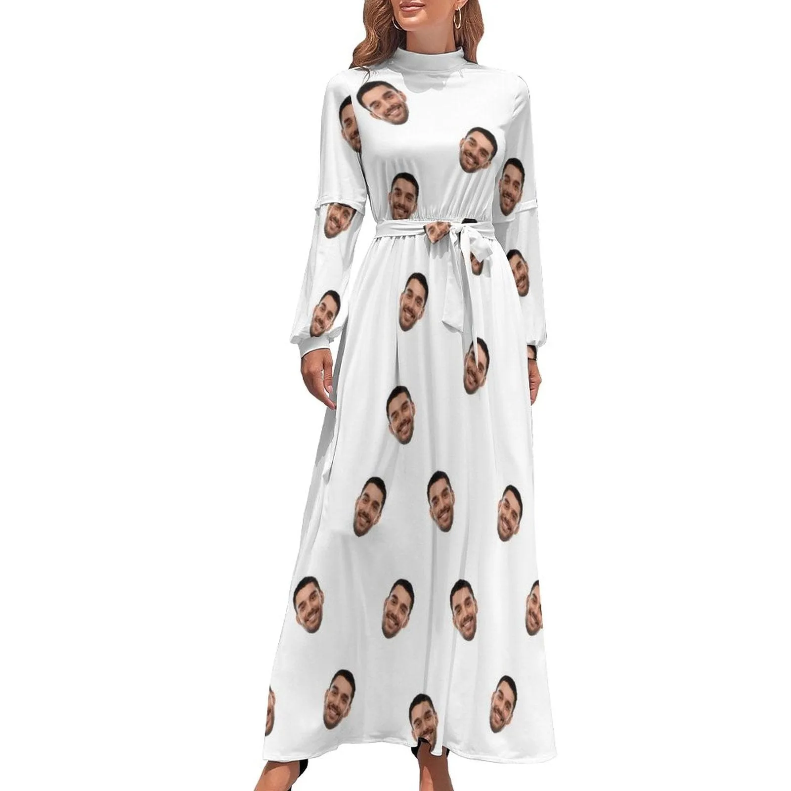 Custom Face White Background Women's Long Sleeve Maxi Dress