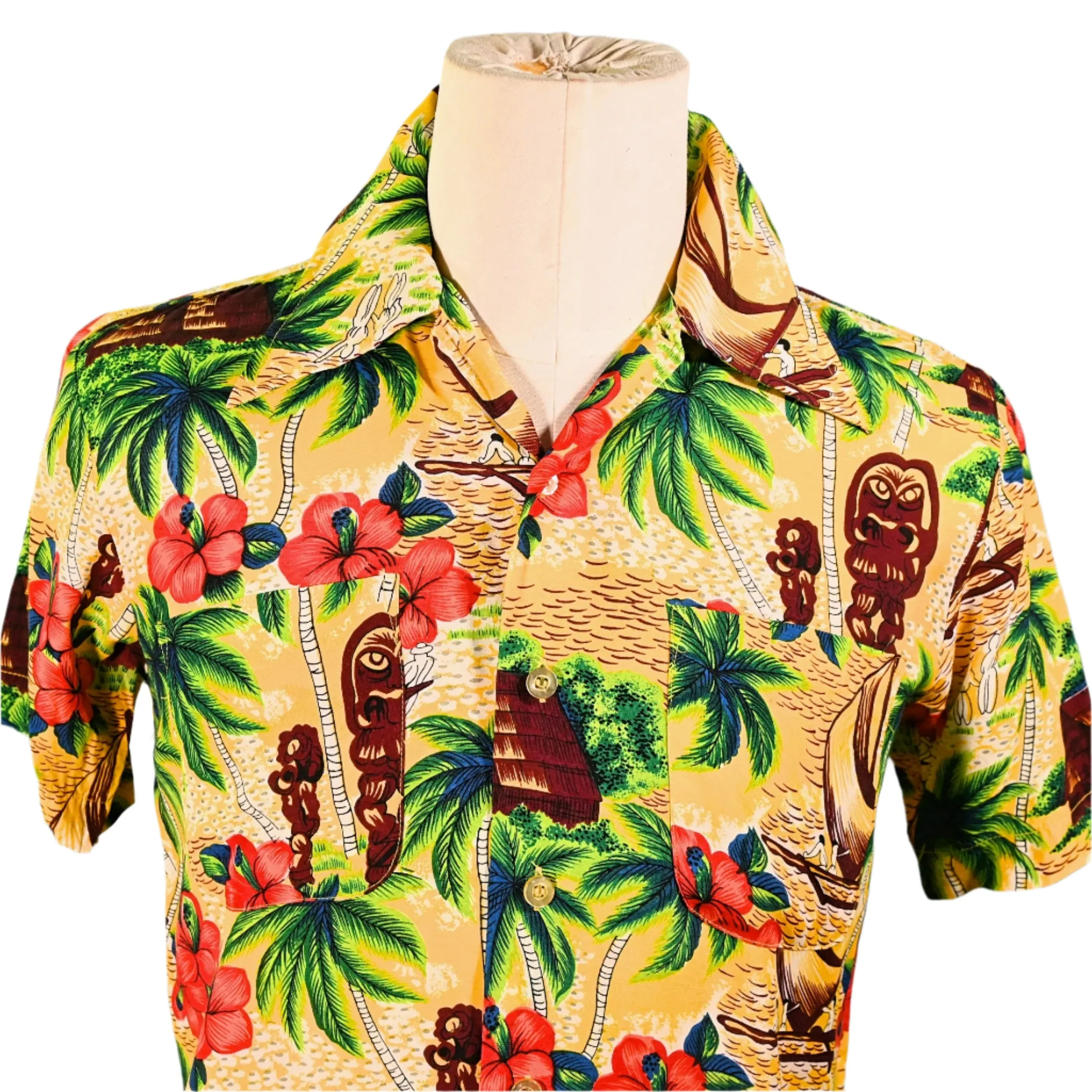 K-Mart Vintage 50s/60s Rayon Hawaiian Shirt, Aloha Bright Tiki Shirt S