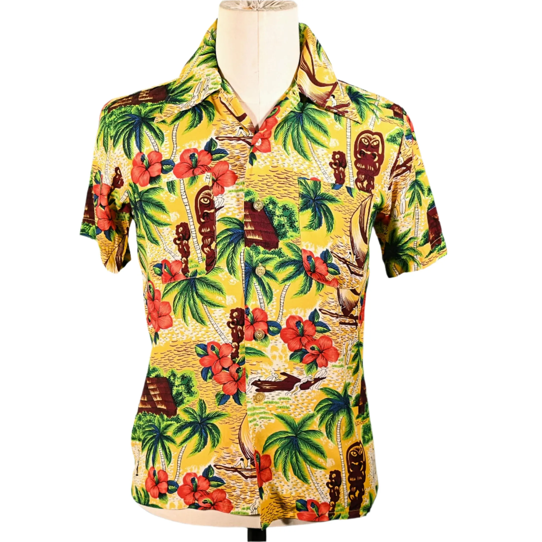 K-Mart Vintage 50s/60s Rayon Hawaiian Shirt, Aloha Bright Tiki Shirt S