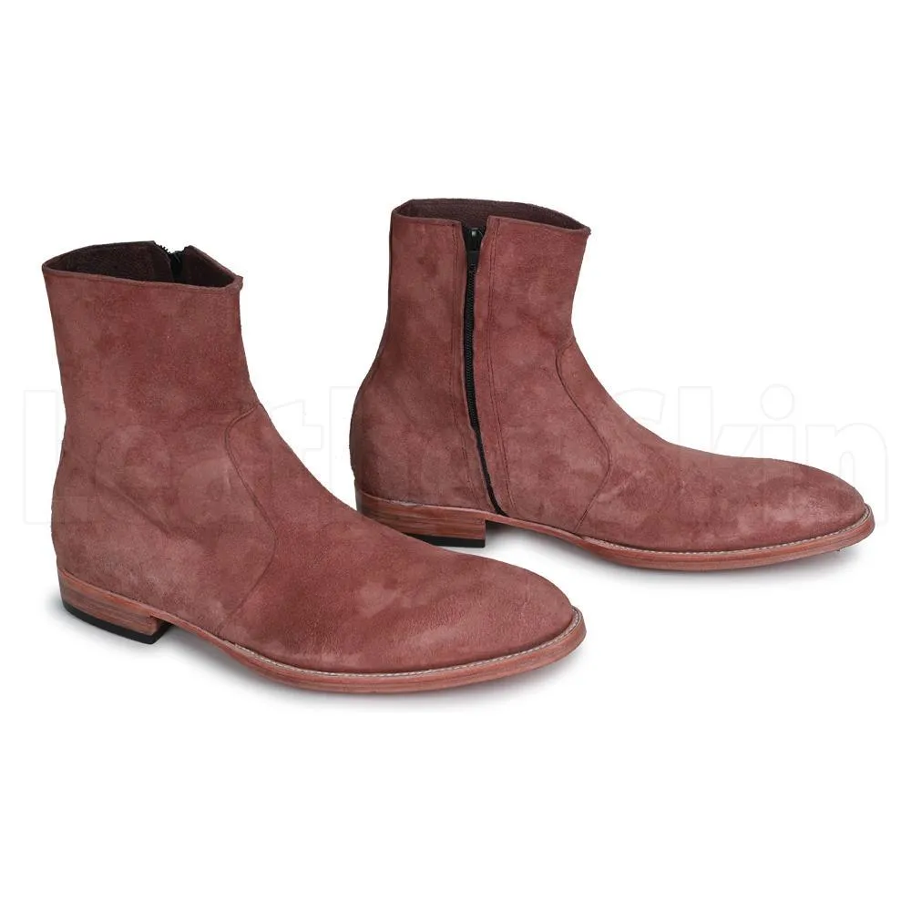Men Brown Zipper Zipped Suede Leather Boots