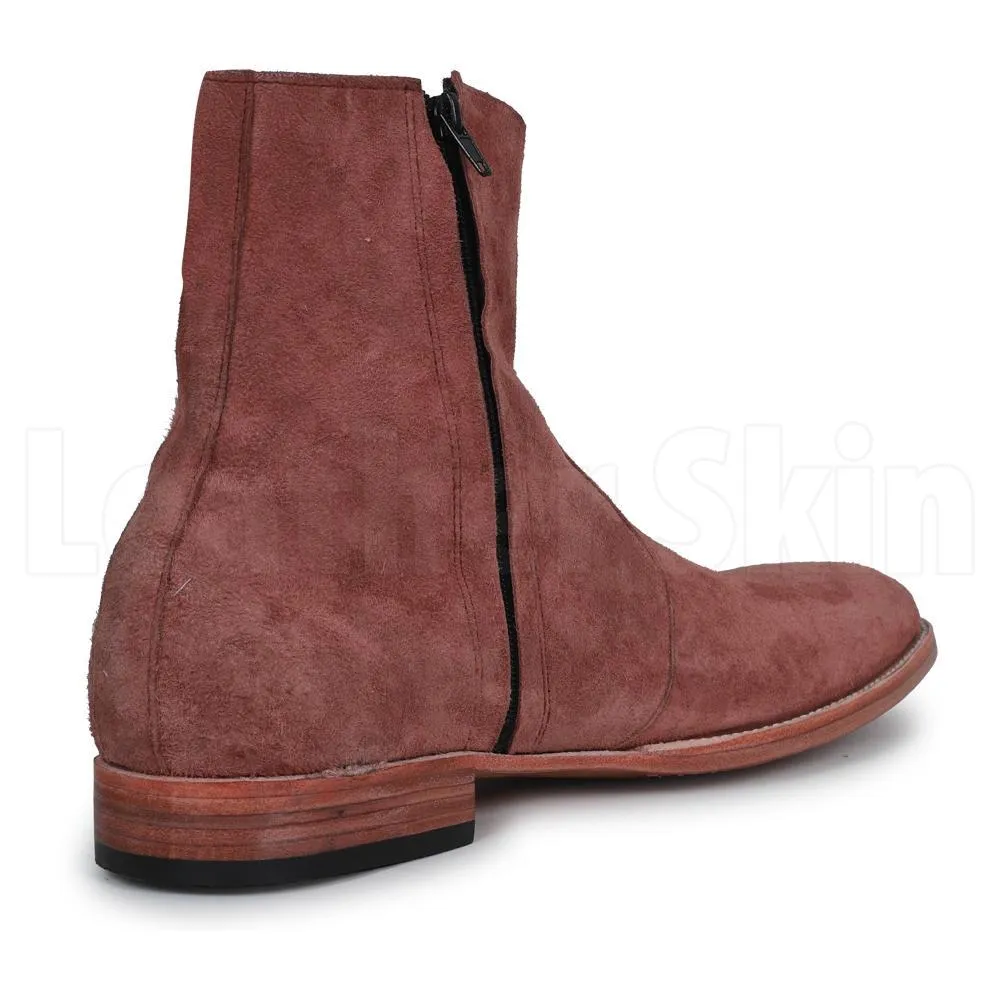 Men Brown Zipper Zipped Suede Leather Boots