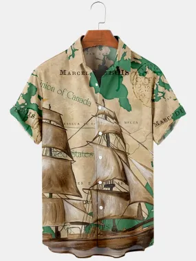 trendy leisure boat airplane pattern fashion shirt summer short-sleeved lapel button casual shirt