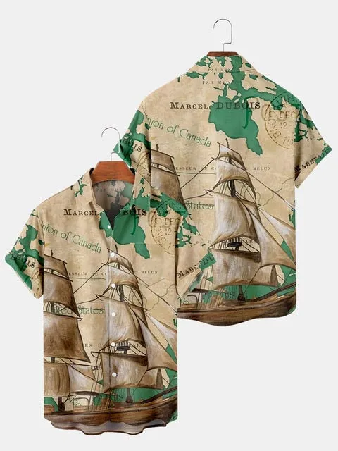 trendy leisure boat airplane pattern fashion shirt summer short-sleeved lapel button casual shirt